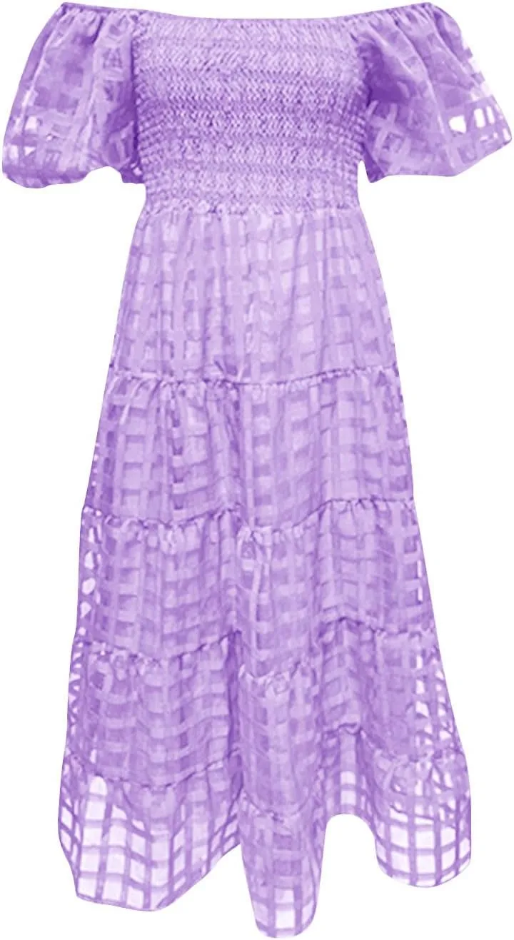Womens Bohemian Dresses Summer Casual Off Shoulder Puff Sleeve Midi Boho Dress Tiered Ruffle Sundress Vacation Outfit