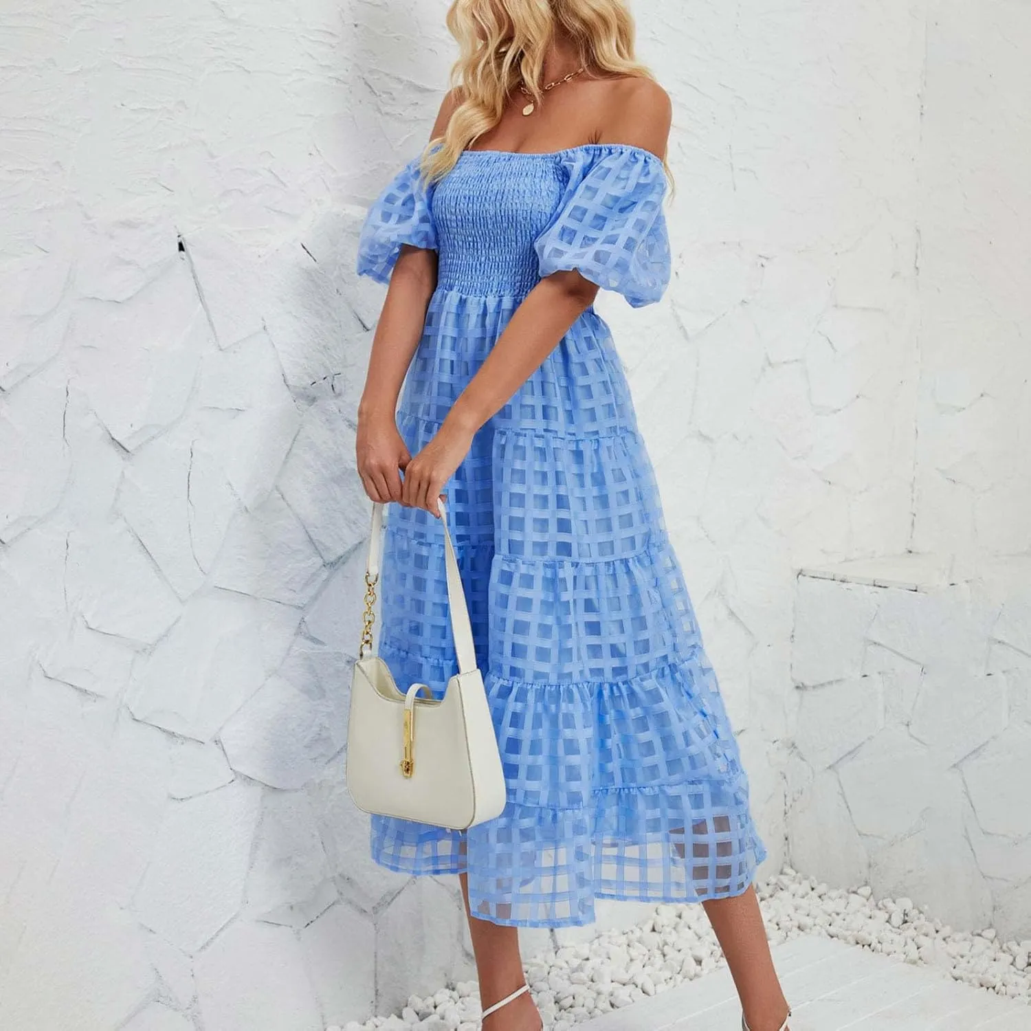 Womens Bohemian Dresses Summer Casual Off Shoulder Puff Sleeve Midi Boho Dress Tiered Ruffle Sundress Vacation Outfit