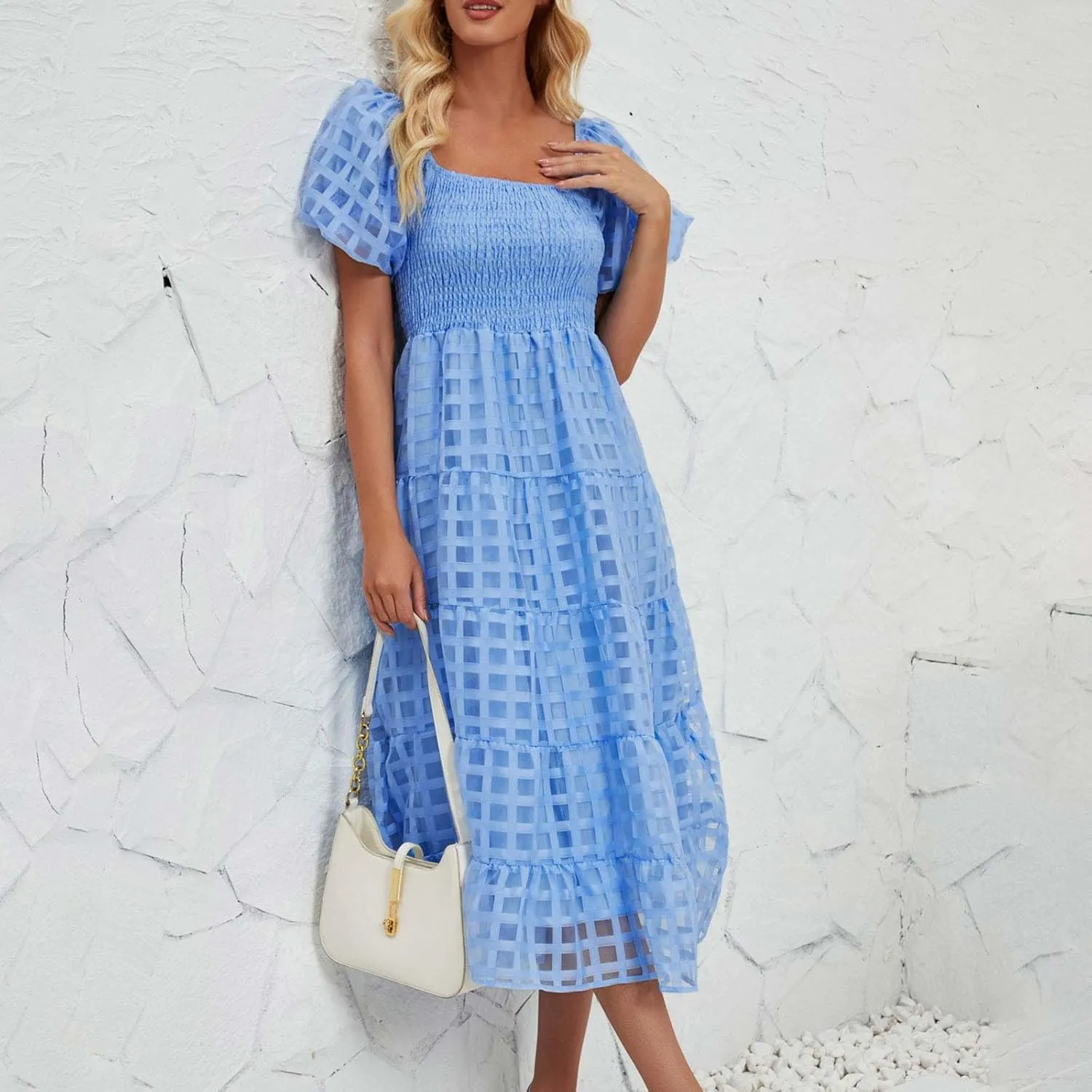 Womens Bohemian Dresses Summer Casual Off Shoulder Puff Sleeve Midi Boho Dress Tiered Ruffle Sundress Vacation Outfit