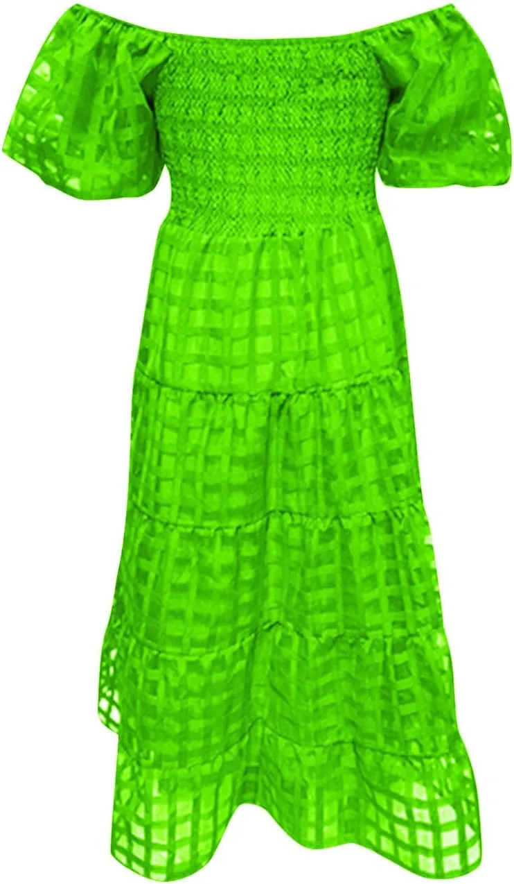 Womens Bohemian Dresses Summer Casual Off Shoulder Puff Sleeve Midi Boho Dress Tiered Ruffle Sundress Vacation Outfit