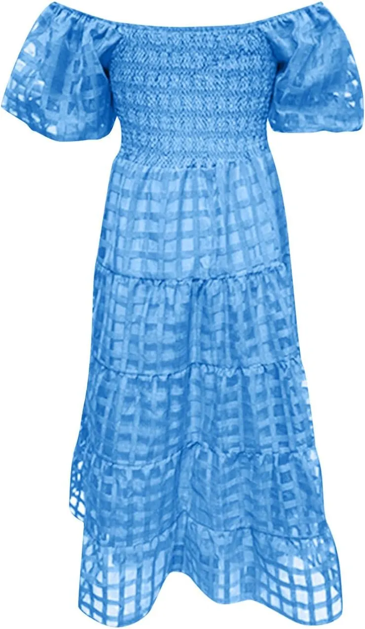 Womens Bohemian Dresses Summer Casual Off Shoulder Puff Sleeve Midi Boho Dress Tiered Ruffle Sundress Vacation Outfit