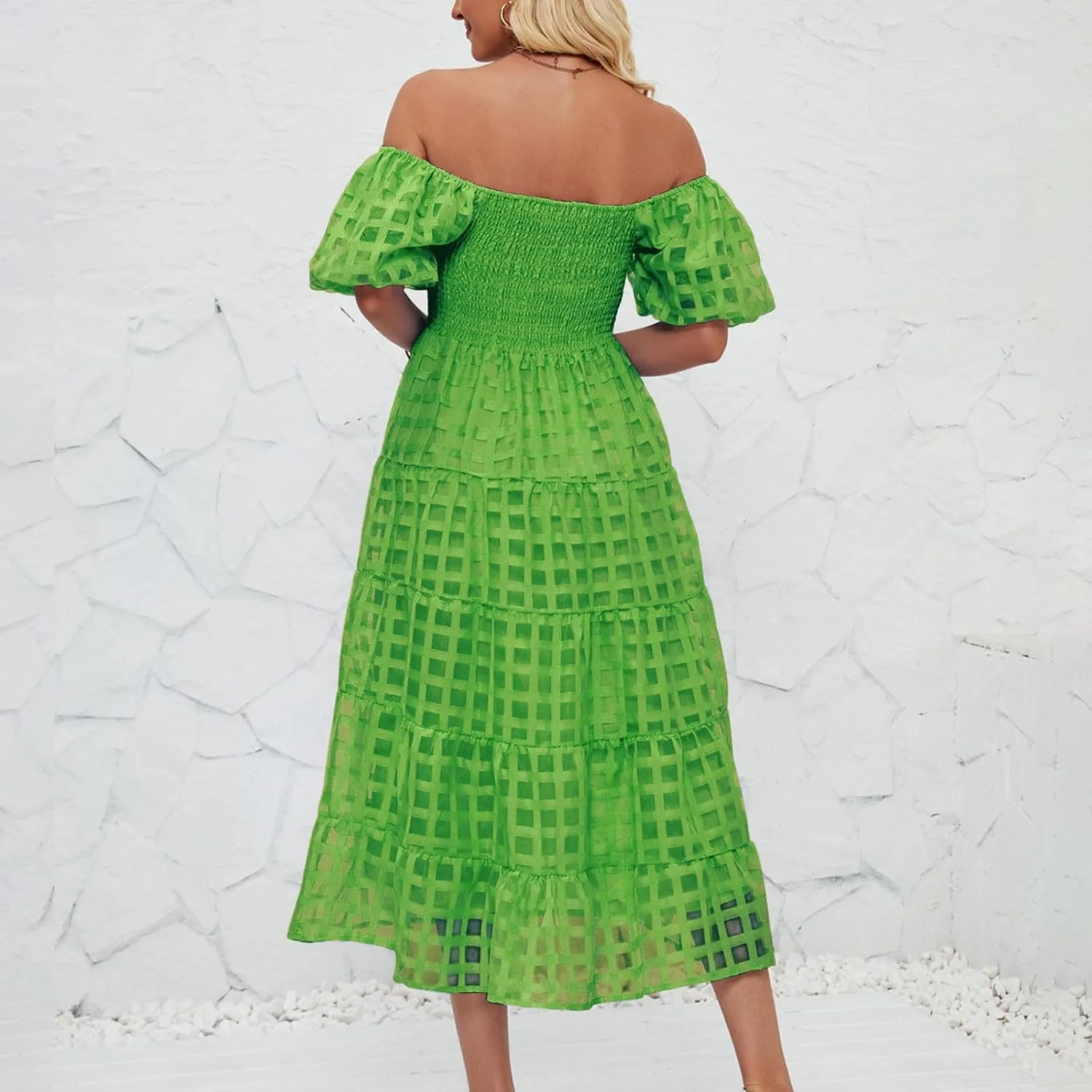 Womens Bohemian Dresses Summer Casual Off Shoulder Puff Sleeve Midi Boho Dress Tiered Ruffle Sundress Vacation Outfit