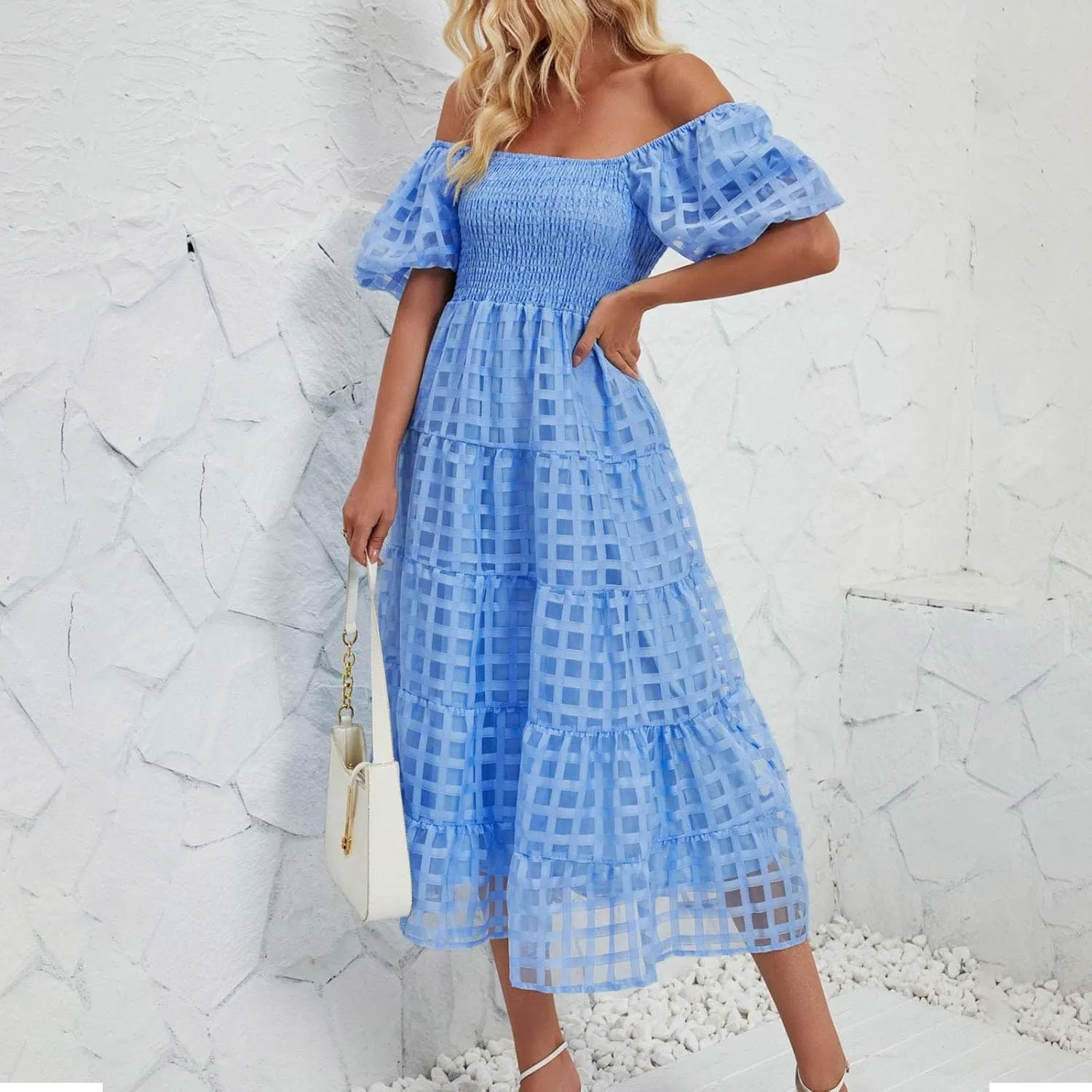 Womens Bohemian Dresses Summer Casual Off Shoulder Puff Sleeve Midi Boho Dress Tiered Ruffle Sundress Vacation Outfit
