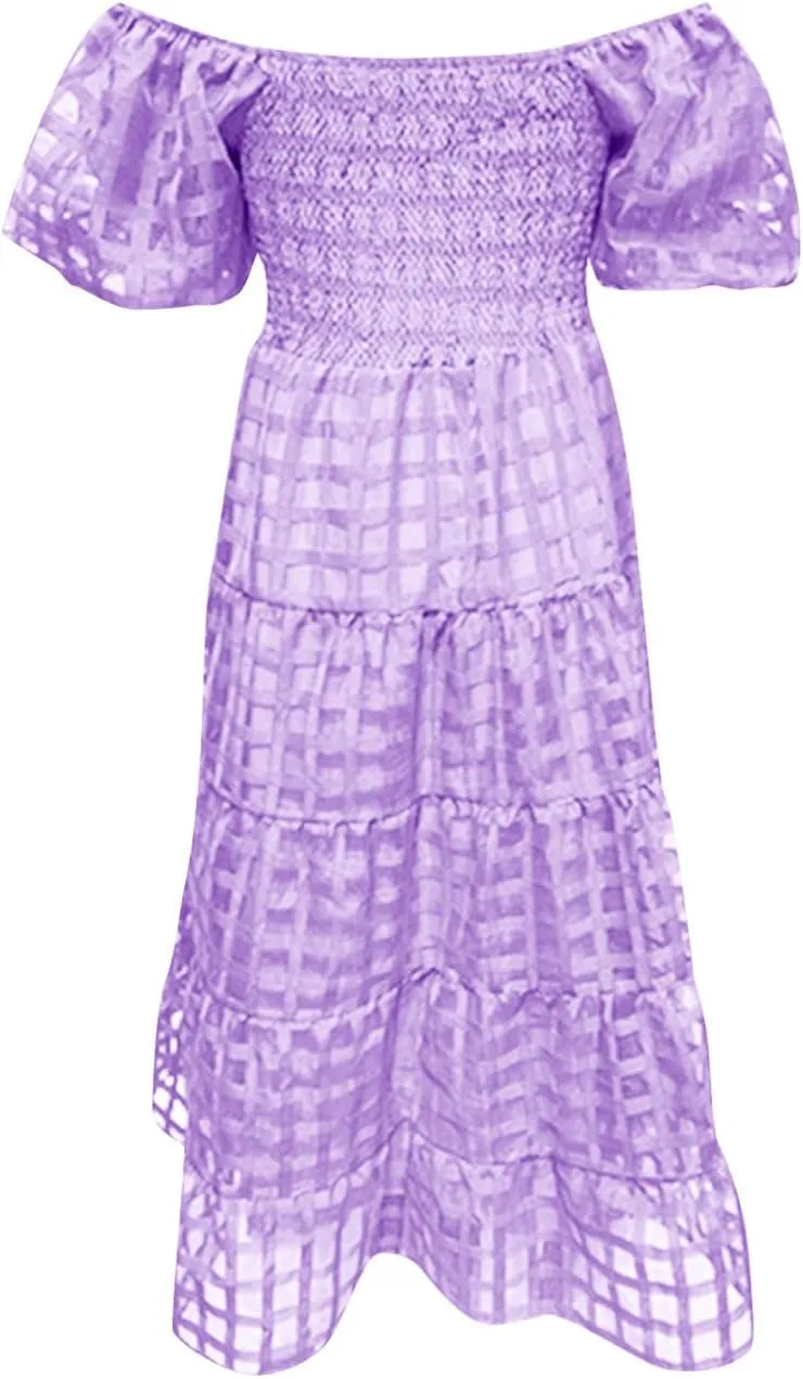 Womens Bohemian Dresses Summer Casual Off Shoulder Puff Sleeve Midi Boho Dress Tiered Ruffle Sundress Vacation Outfit