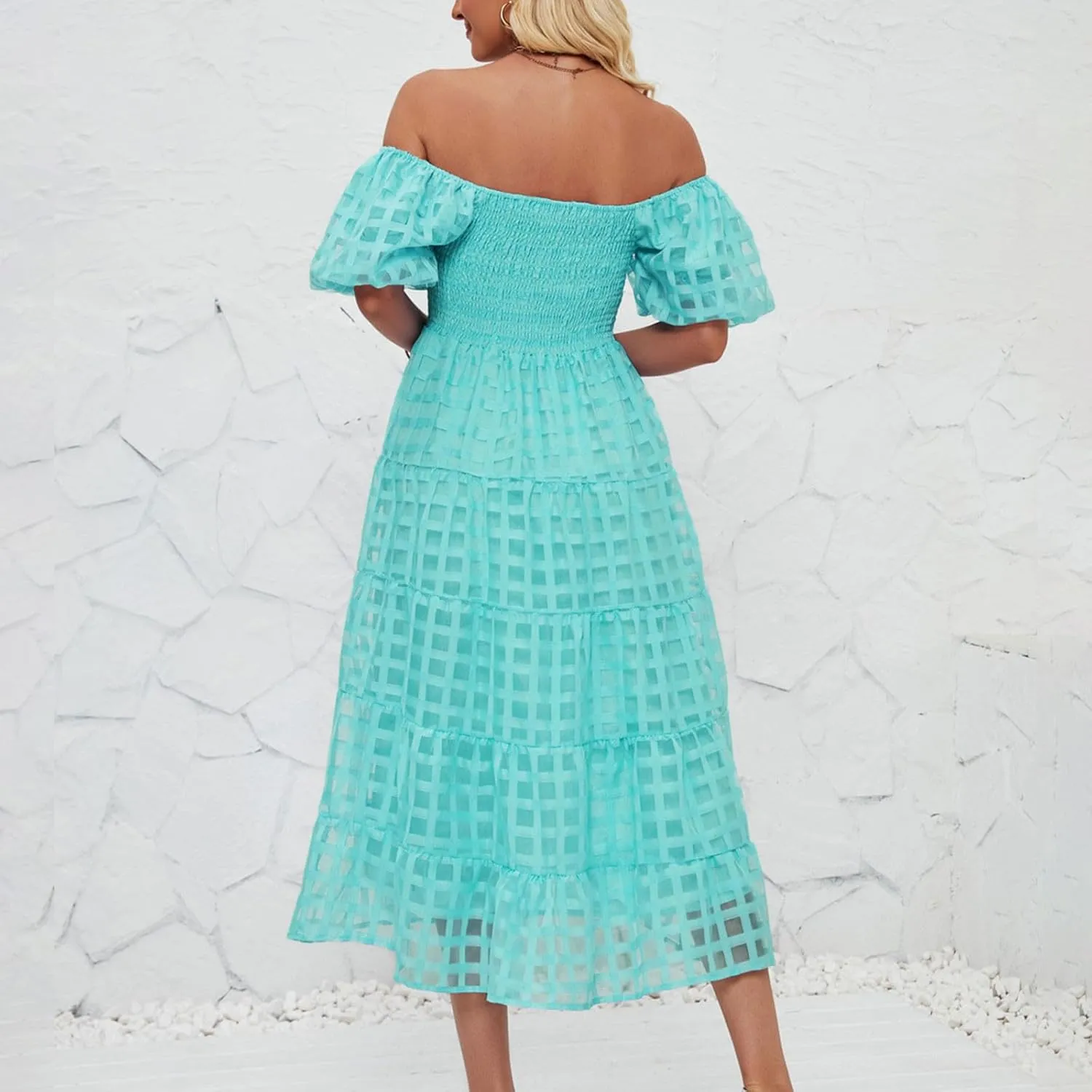 Womens Bohemian Dresses Summer Casual Off Shoulder Puff Sleeve Midi Boho Dress Tiered Ruffle Sundress Vacation Outfit