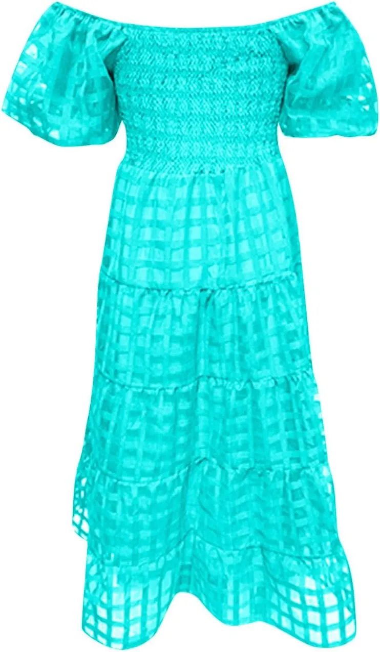 Womens Bohemian Dresses Summer Casual Off Shoulder Puff Sleeve Midi Boho Dress Tiered Ruffle Sundress Vacation Outfit