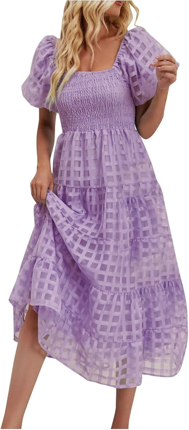 Womens Bohemian Dresses Summer Casual Off Shoulder Puff Sleeve Midi Boho Dress Tiered Ruffle Sundress Vacation Outfit