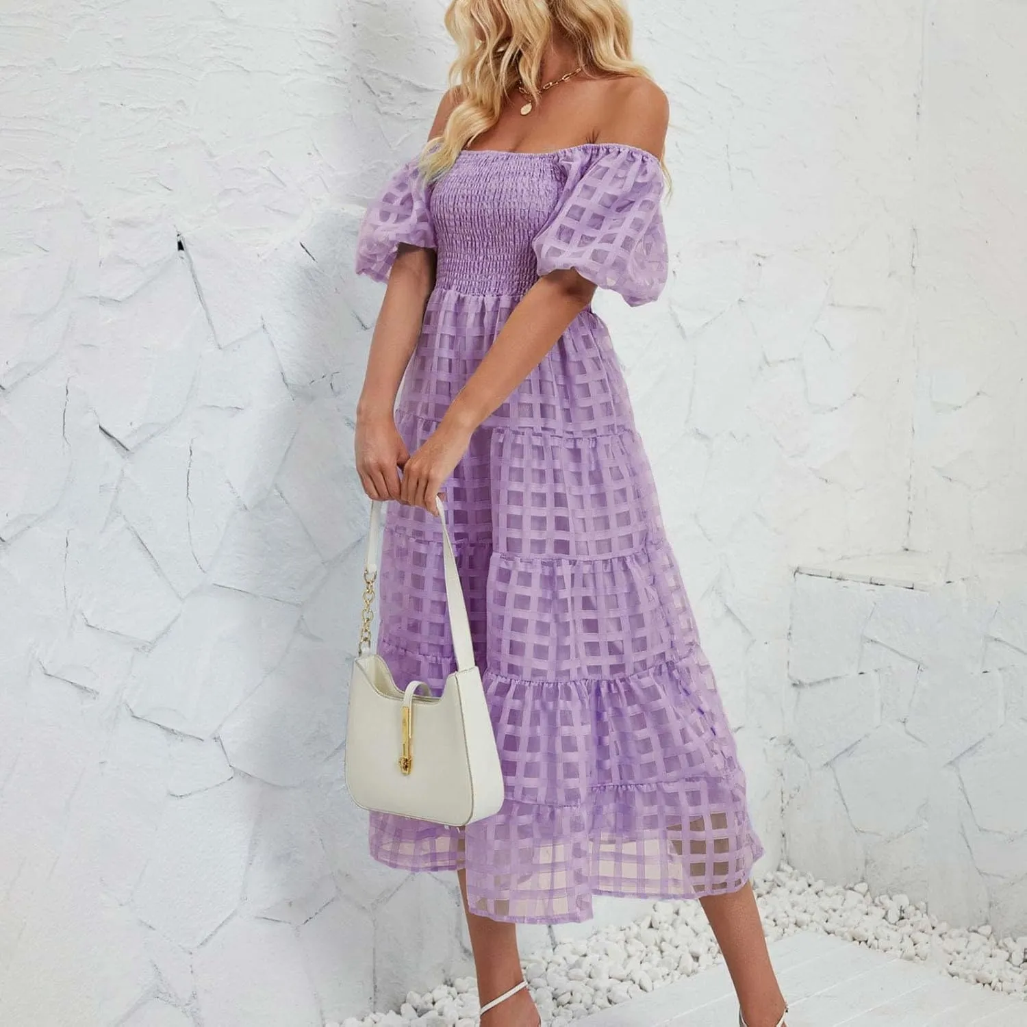 Womens Bohemian Dresses Summer Casual Off Shoulder Puff Sleeve Midi Boho Dress Tiered Ruffle Sundress Vacation Outfit