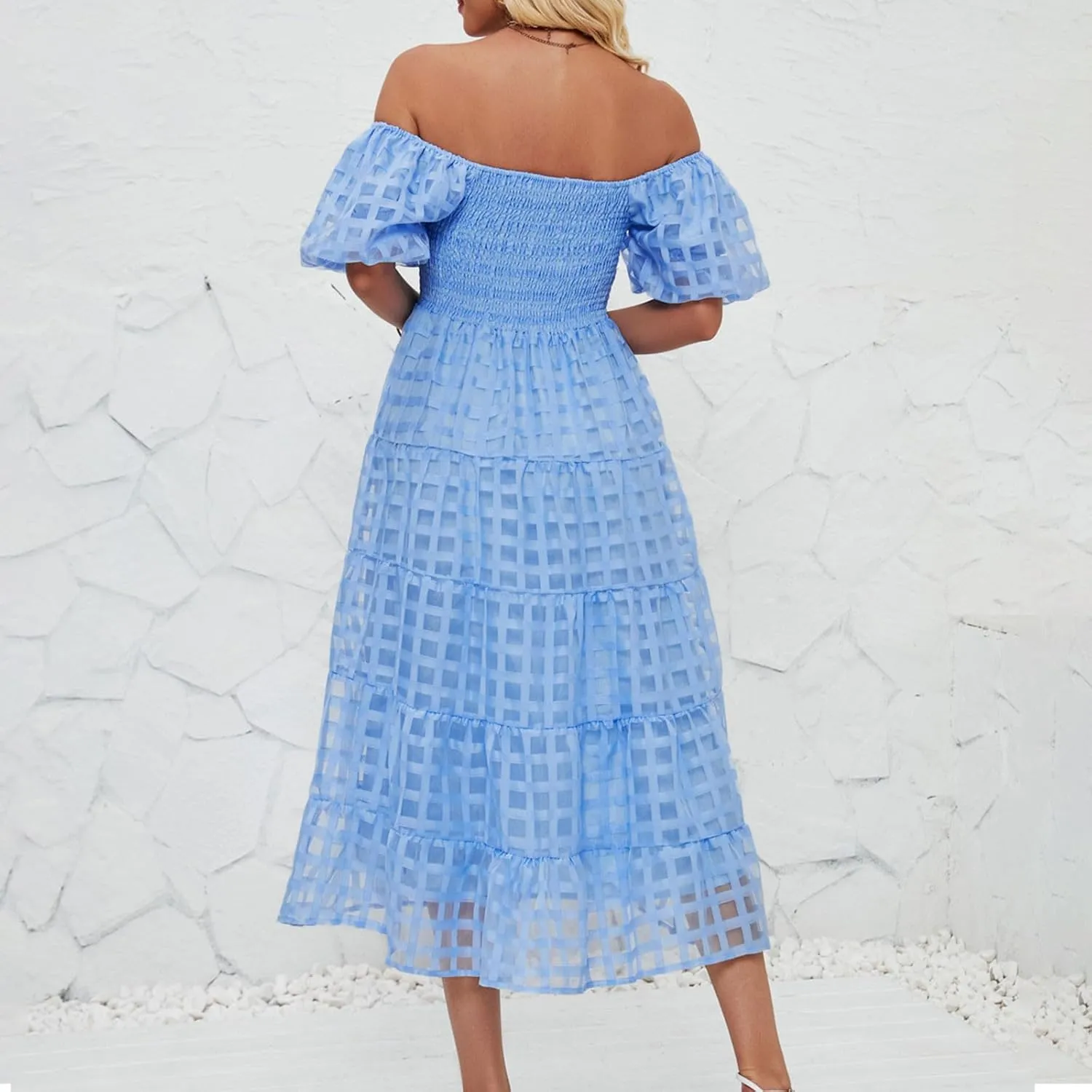 Womens Bohemian Dresses Summer Casual Off Shoulder Puff Sleeve Midi Boho Dress Tiered Ruffle Sundress Vacation Outfit