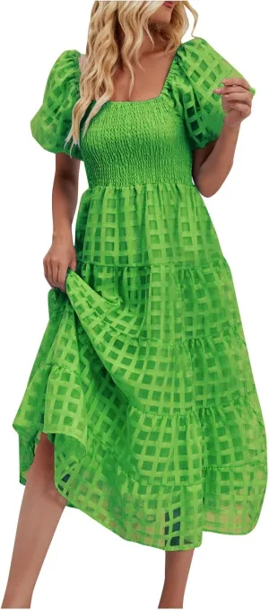 Womens Bohemian Dresses Summer Casual Off Shoulder Puff Sleeve Midi Boho Dress Tiered Ruffle Sundress Vacation Outfit