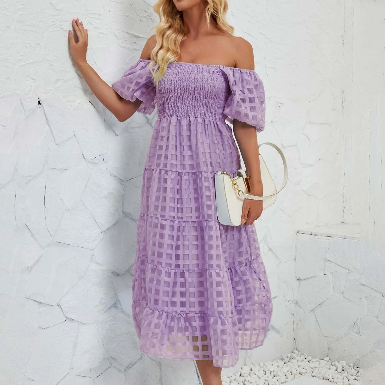 Womens Bohemian Dresses Summer Casual Off Shoulder Puff Sleeve Midi Boho Dress Tiered Ruffle Sundress Vacation Outfit