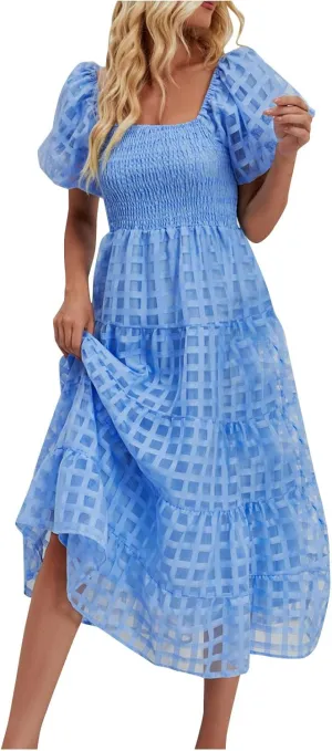 Womens Bohemian Dresses Summer Casual Off Shoulder Puff Sleeve Midi Boho Dress Tiered Ruffle Sundress Vacation Outfit