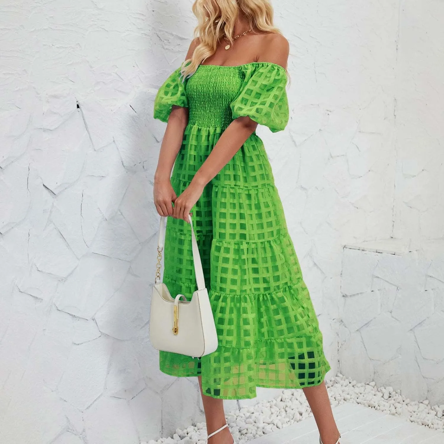 Womens Bohemian Dresses Summer Casual Off Shoulder Puff Sleeve Midi Boho Dress Tiered Ruffle Sundress Vacation Outfit