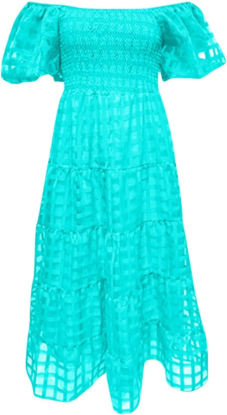 Womens Bohemian Dresses Summer Casual Off Shoulder Puff Sleeve Midi Boho Dress Tiered Ruffle Sundress Vacation Outfit