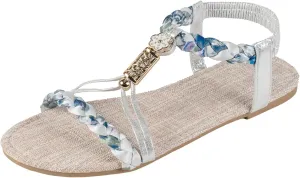 Women's Boho Flat Sandals with Elastic Strappy Comfy Open Toe Rhinestones Sparkly Dressy Sandal Ladies Arch Support Low Heel Slip On Lightweight Cushioned Shoes for Wedding Bridal Daily Wear