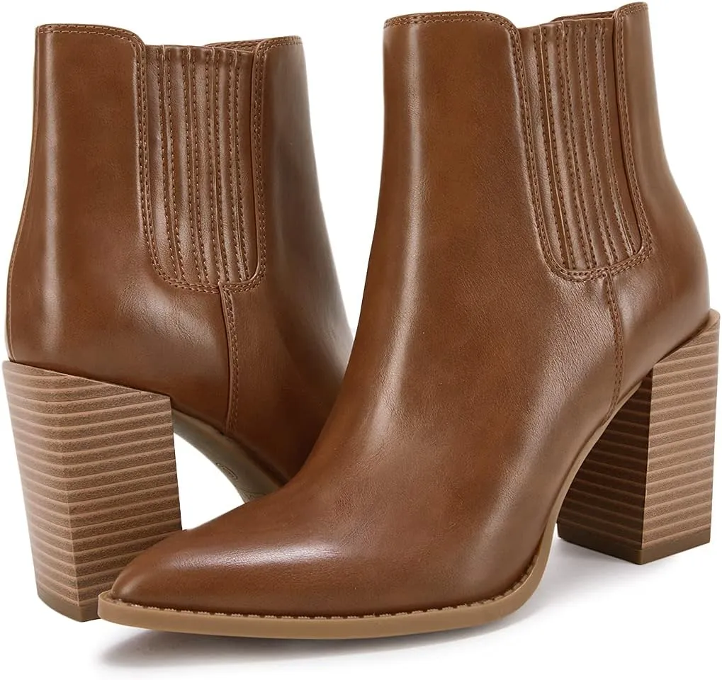 Womens Booties Pointed Toe Stacked Heel Fashion Chelsea Ankle Boots