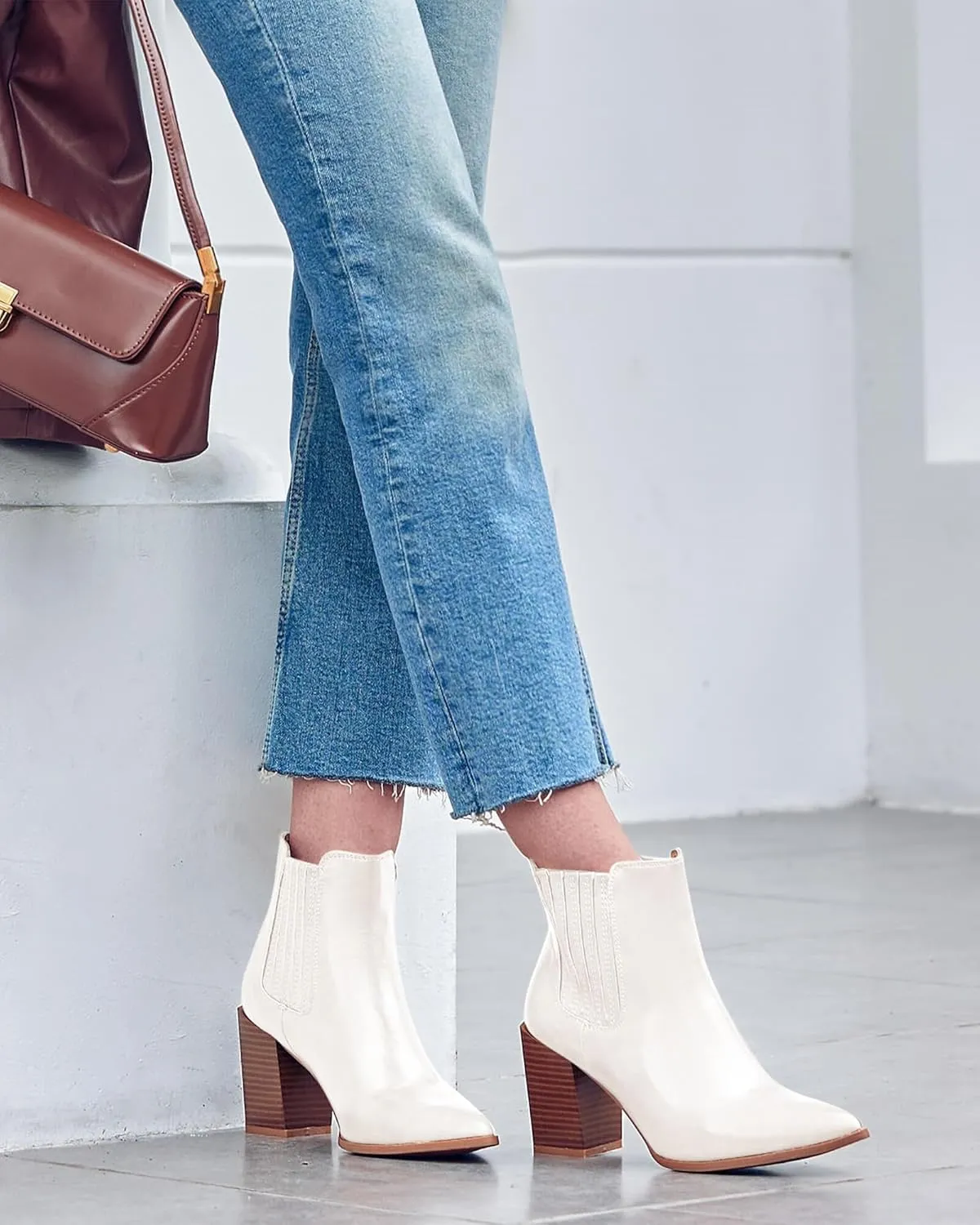 Womens Booties Pointed Toe Stacked Heel Fashion Chelsea Ankle Boots