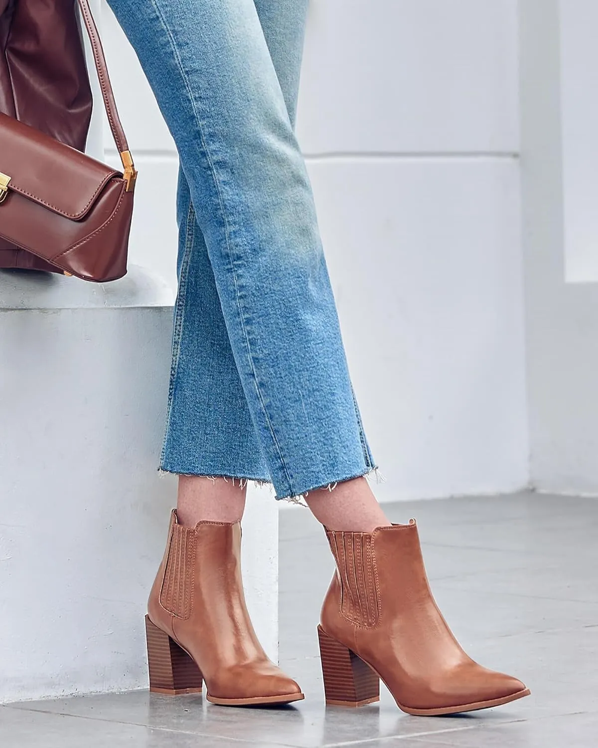 Womens Booties Pointed Toe Stacked Heel Fashion Chelsea Ankle Boots