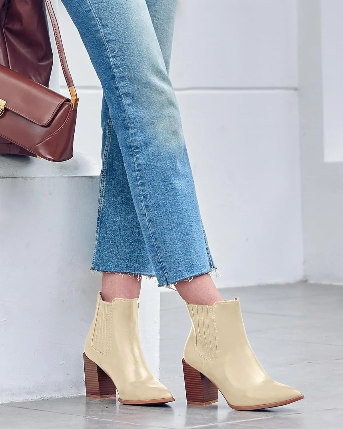 Womens Booties Pointed Toe Stacked Heel Fashion Chelsea Ankle Boots