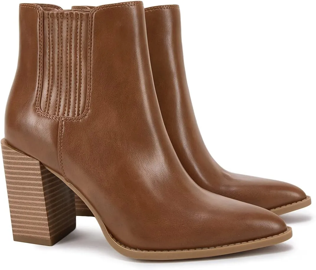Womens Booties Pointed Toe Stacked Heel Fashion Chelsea Ankle Boots