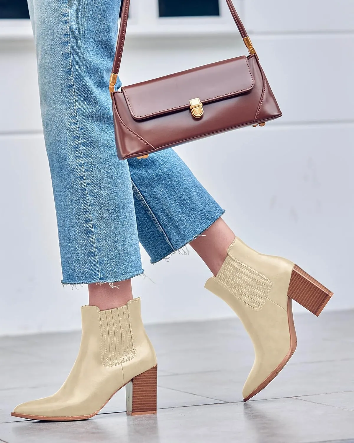Womens Booties Pointed Toe Stacked Heel Fashion Chelsea Ankle Boots