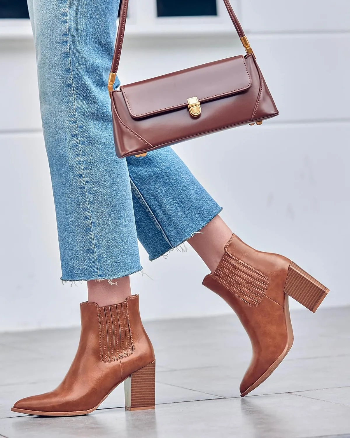 Womens Booties Pointed Toe Stacked Heel Fashion Chelsea Ankle Boots