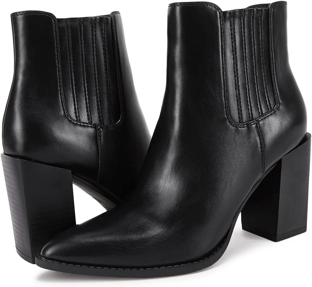 Womens Booties Pointed Toe Stacked Heel Fashion Chelsea Ankle Boots