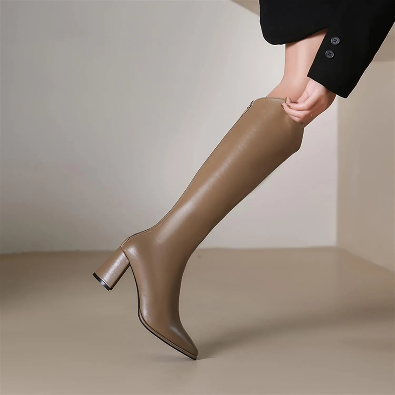 Womens boots Women's Zipper Solid Color Slim Knee-high Heels Long Stretch