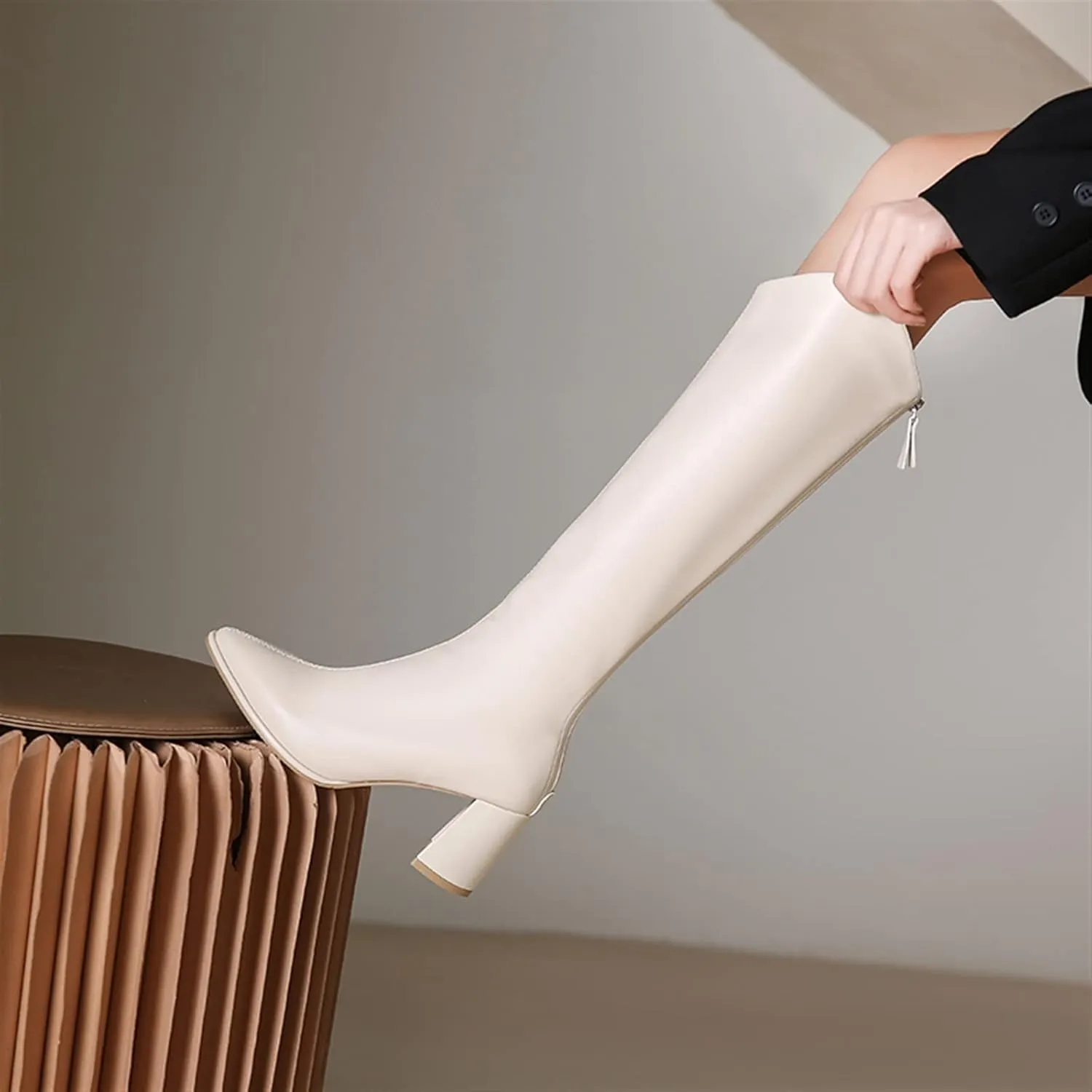 Womens boots Women's Zipper Solid Color Slim Knee-high Heels Long Stretch