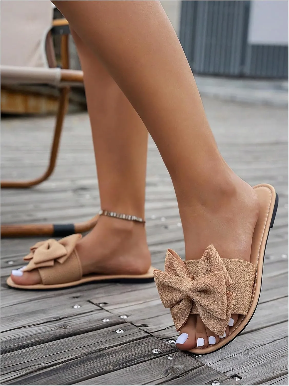 Women's Bow Flat Sandals Dressy Slide Sandals Open Toe Summer Beach Flat Shoes Slippers Slip on Slide