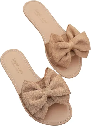 Women's Bow Flat Sandals Dressy Slide Sandals Open Toe Summer Beach Flat Shoes Slippers Slip on Slide