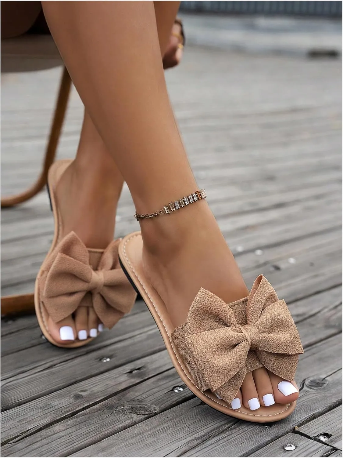 Women's Bow Flat Sandals Dressy Slide Sandals Open Toe Summer Beach Flat Shoes Slippers Slip on Slide