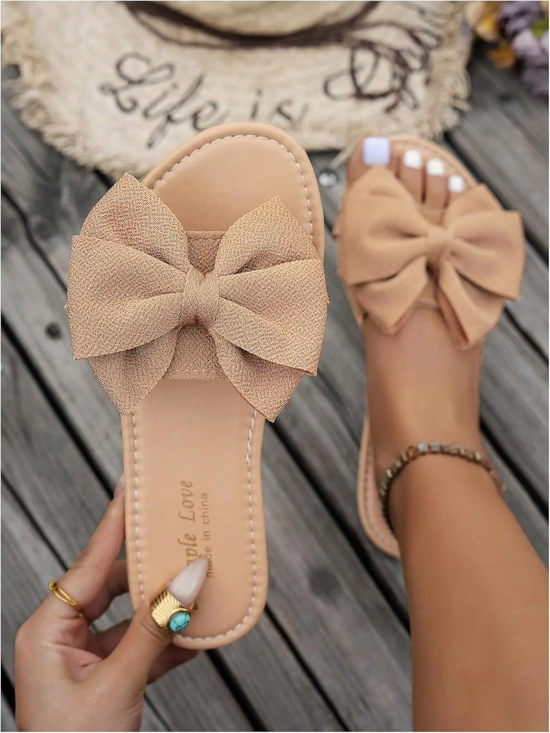 Women's Bow Flat Sandals Dressy Slide Sandals Open Toe Summer Beach Flat Shoes Slippers Slip on Slide