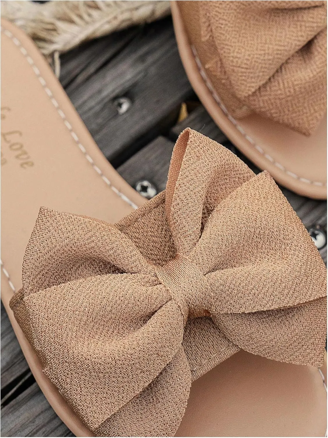Women's Bow Flat Sandals Dressy Slide Sandals Open Toe Summer Beach Flat Shoes Slippers Slip on Slide
