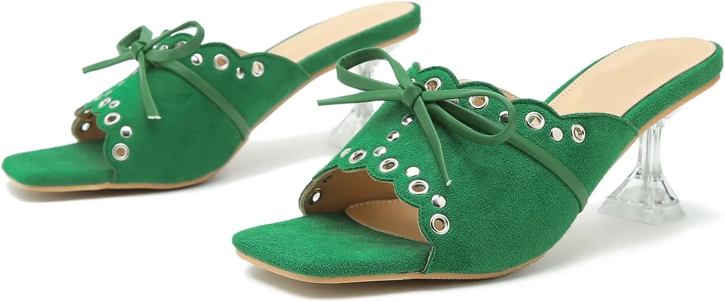Women's Bow Heels Slippers Square Toe Clear Kitten Heeled Sandals Comfortable Mules Slip On Party Prom Dress Shoes