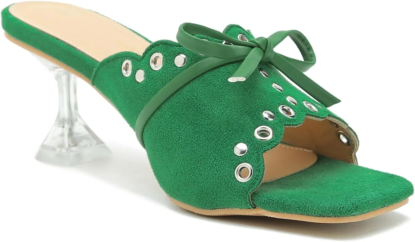 Women's Bow Heels Slippers Square Toe Clear Kitten Heeled Sandals Comfortable Mules Slip On Party Prom Dress Shoes
