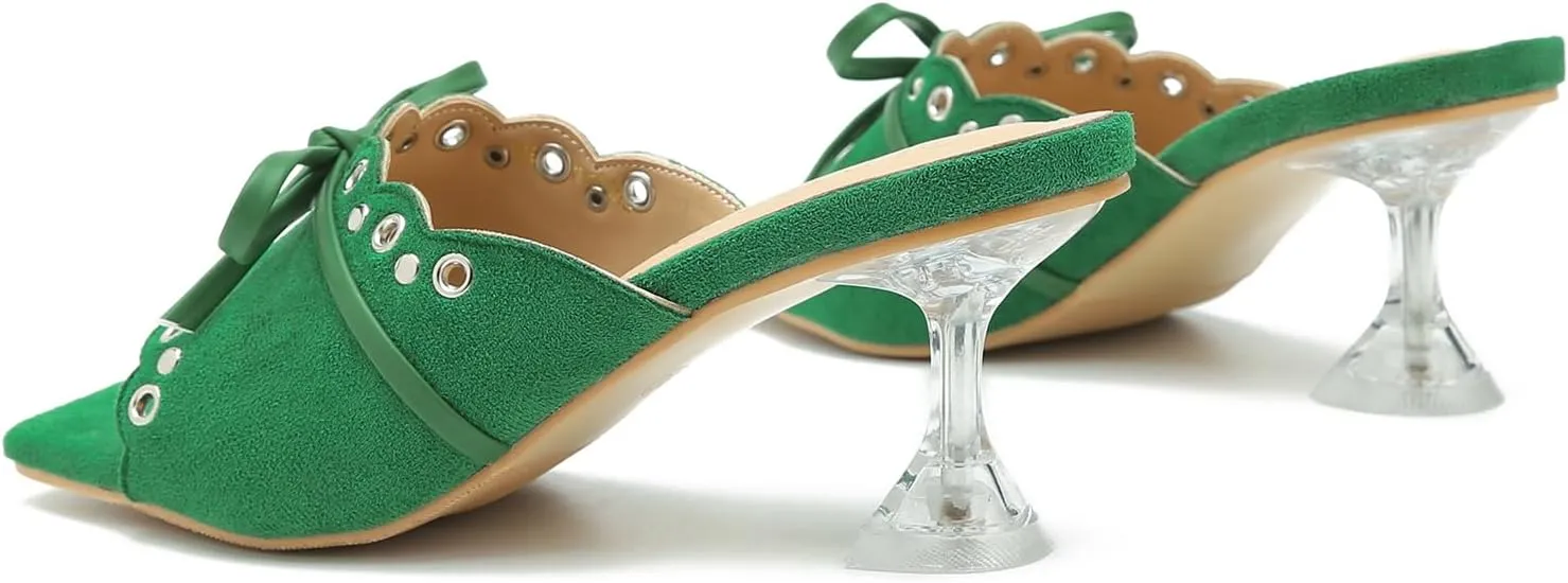 Women's Bow Heels Slippers Square Toe Clear Kitten Heeled Sandals Comfortable Mules Slip On Party Prom Dress Shoes