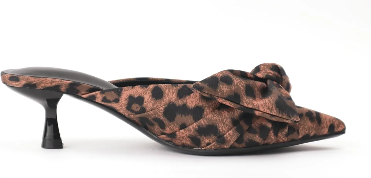 Women's Bow Pointed Toe Mules, Slip-on Closed Pointed Toe Kitten Heel Sandals for Office, Evening, Comfortable Designer Slides in Black, Red, Leopard Print