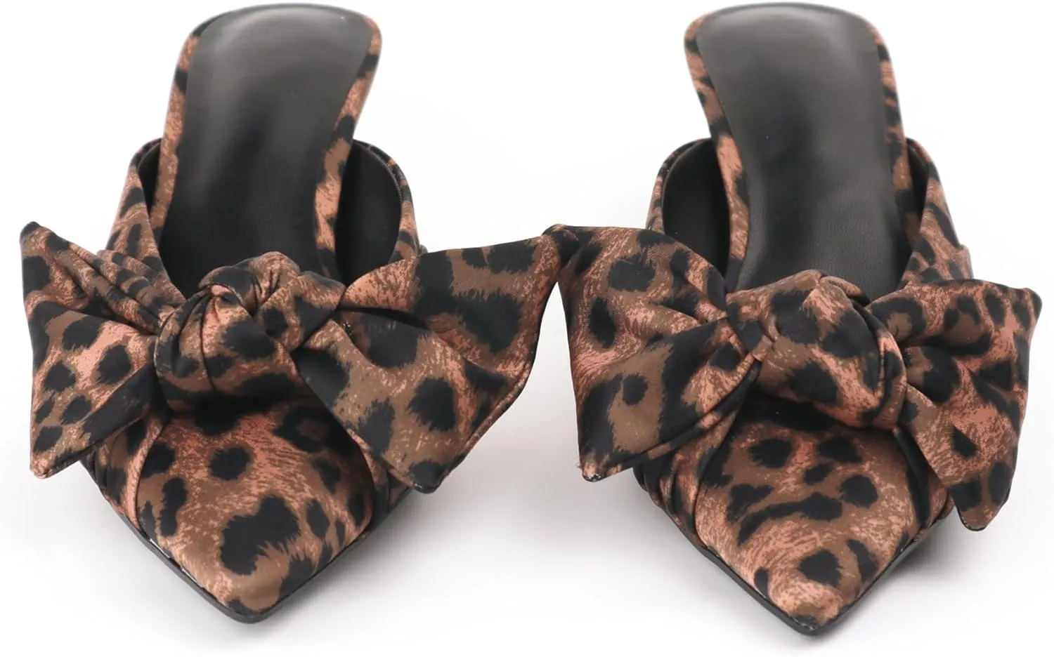 Women's Bow Pointed Toe Mules, Slip-on Closed Pointed Toe Kitten Heel Sandals for Office, Evening, Comfortable Designer Slides in Black, Red, Leopard Print