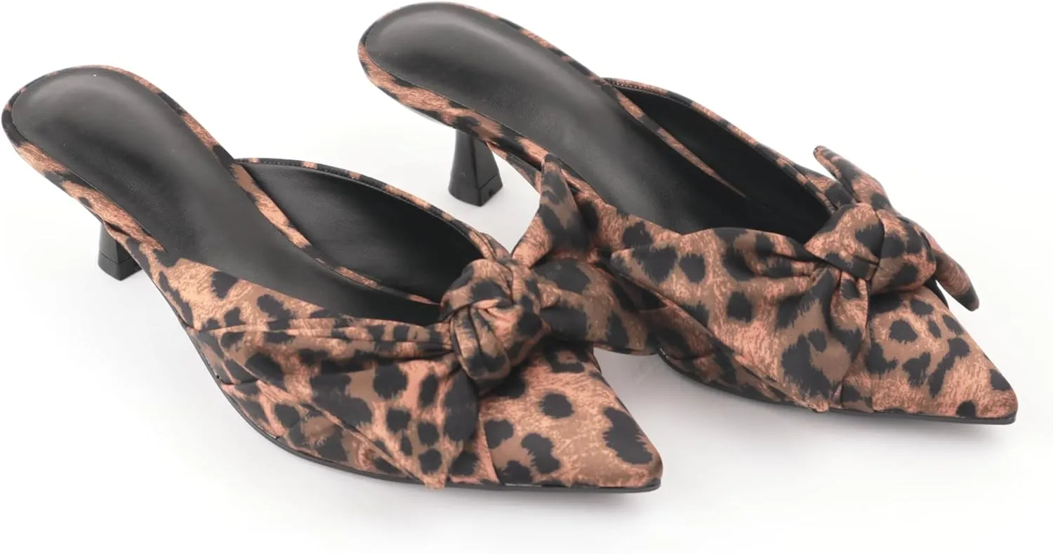 Women's Bow Pointed Toe Mules, Slip-on Closed Pointed Toe Kitten Heel Sandals for Office, Evening, Comfortable Designer Slides in Black, Red, Leopard Print