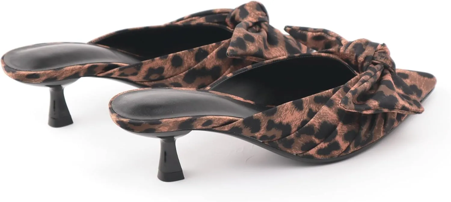 Women's Bow Pointed Toe Mules, Slip-on Closed Pointed Toe Kitten Heel Sandals for Office, Evening, Comfortable Designer Slides in Black, Red, Leopard Print