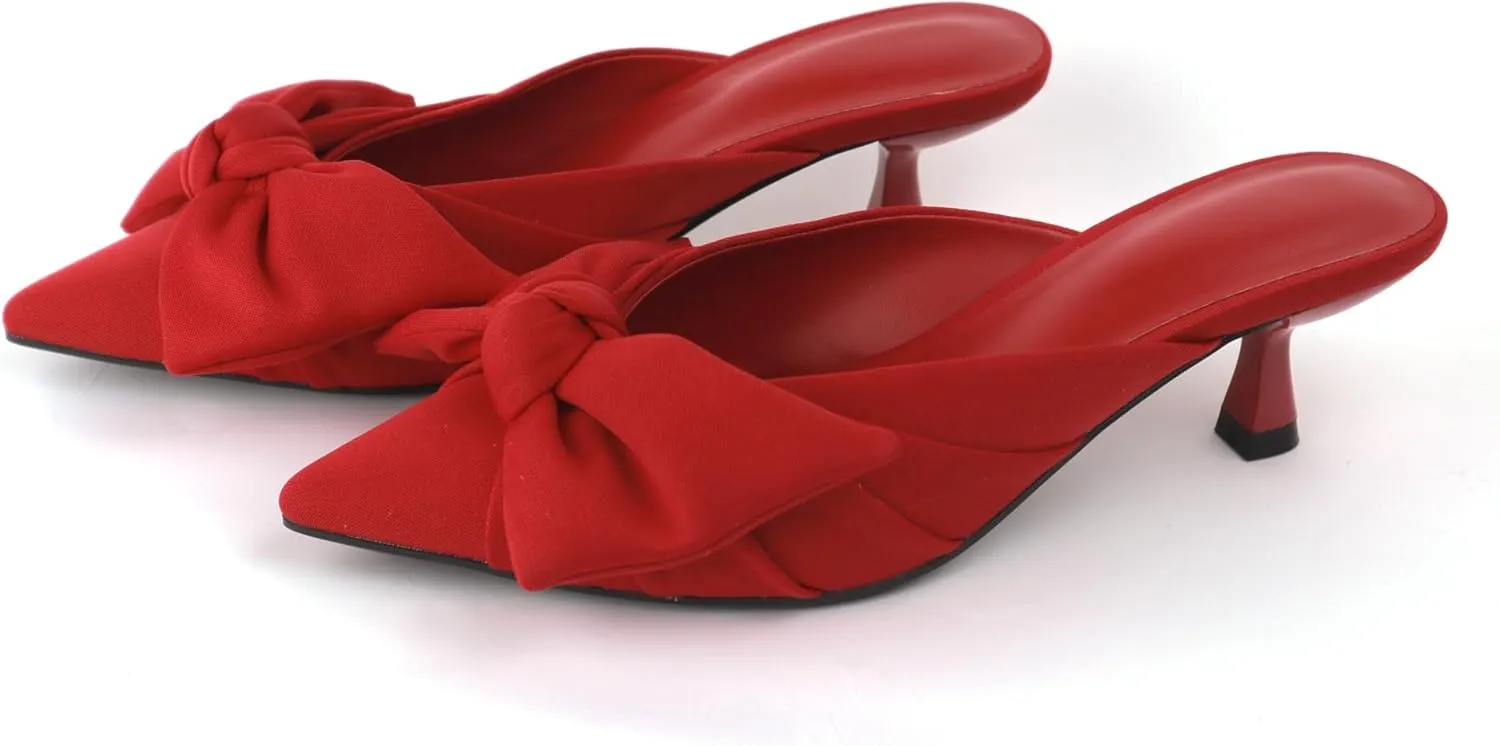 Women's Bow Pointed Toe Mules, Slip-on Closed Pointed Toe Kitten Heel Sandals for Office, Evening, Comfortable Designer Slides in Black, Red, Leopard Print