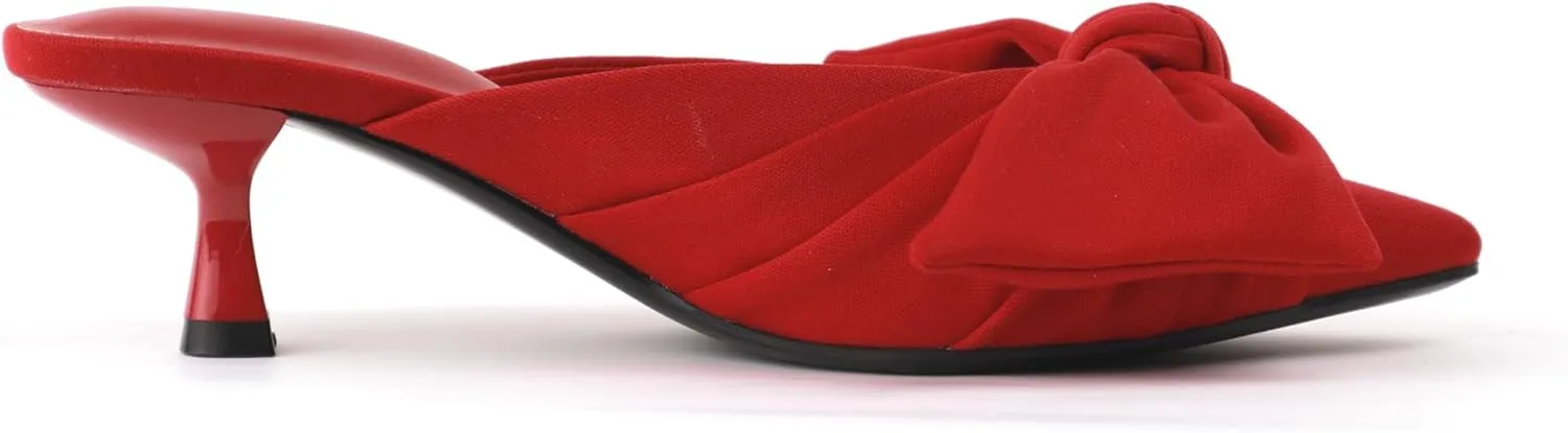 Women's Bow Pointed Toe Mules, Slip-on Closed Pointed Toe Kitten Heel Sandals for Office, Evening, Comfortable Designer Slides in Black, Red, Leopard Print