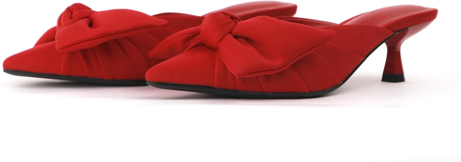 Women's Bow Pointed Toe Mules, Slip-on Closed Pointed Toe Kitten Heel Sandals for Office, Evening, Comfortable Designer Slides in Black, Red, Leopard Print