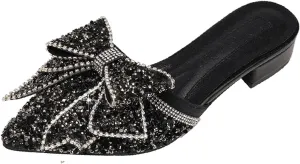 Women's Bow Rhinestone Glitter Low Heels Mules Fashion Closed Pointed Toe Backless Slip on Comfortable Block Heel Pumps Sandals for Party Prom Date Wedding Dressy Slides