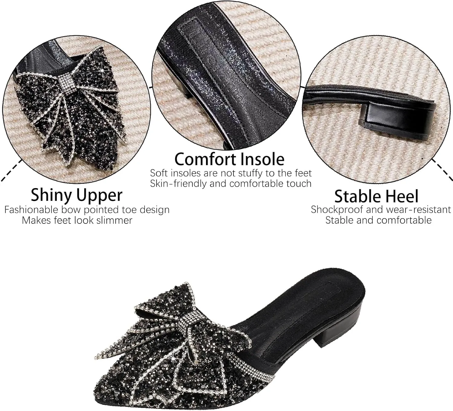 Women's Bow Rhinestone Glitter Low Heels Mules Fashion Closed Pointed Toe Backless Slip on Comfortable Block Heel Pumps Sandals for Party Prom Date Wedding Dressy Slides