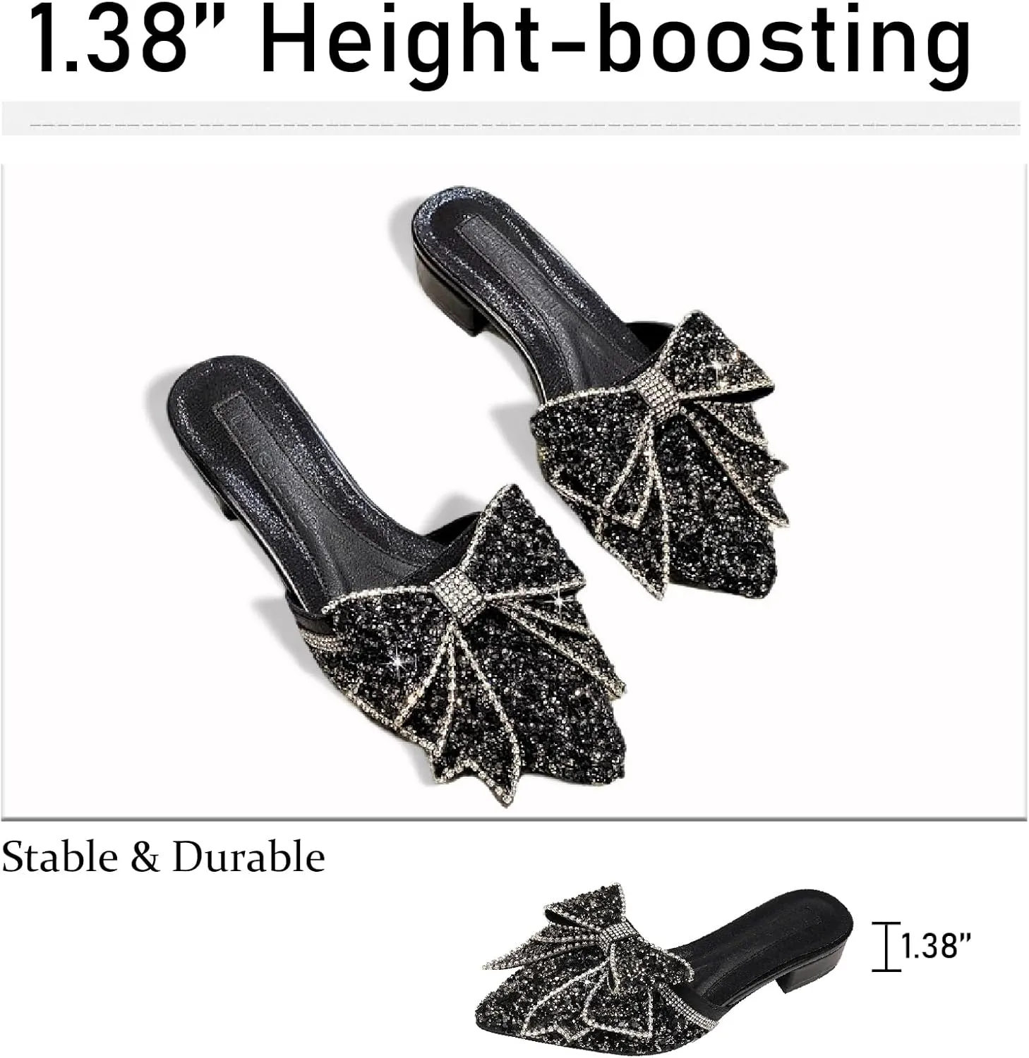 Women's Bow Rhinestone Glitter Low Heels Mules Fashion Closed Pointed Toe Backless Slip on Comfortable Block Heel Pumps Sandals for Party Prom Date Wedding Dressy Slides