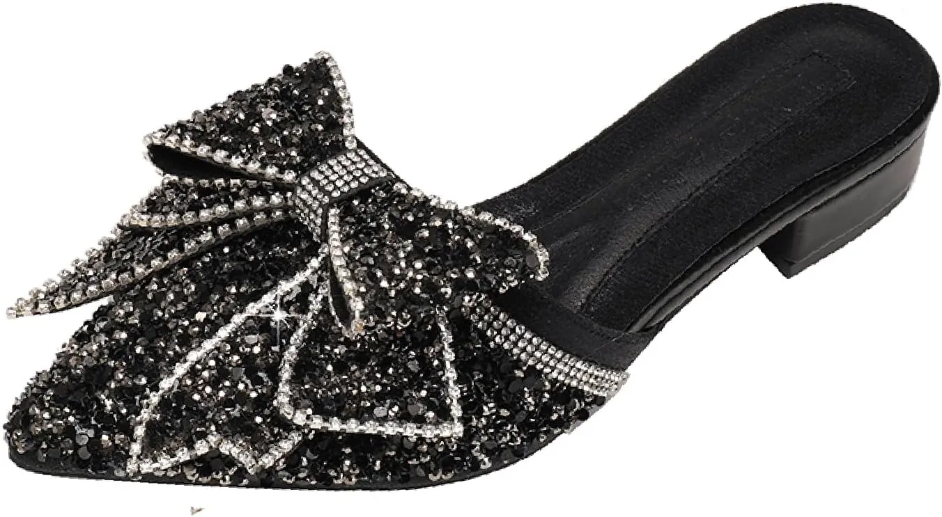 Women's Bow Rhinestone Glitter Low Heels Mules Fashion Closed Pointed Toe Backless Slip on Comfortable Block Heel Pumps Sandals for Party Prom Date Wedding Dressy Slides