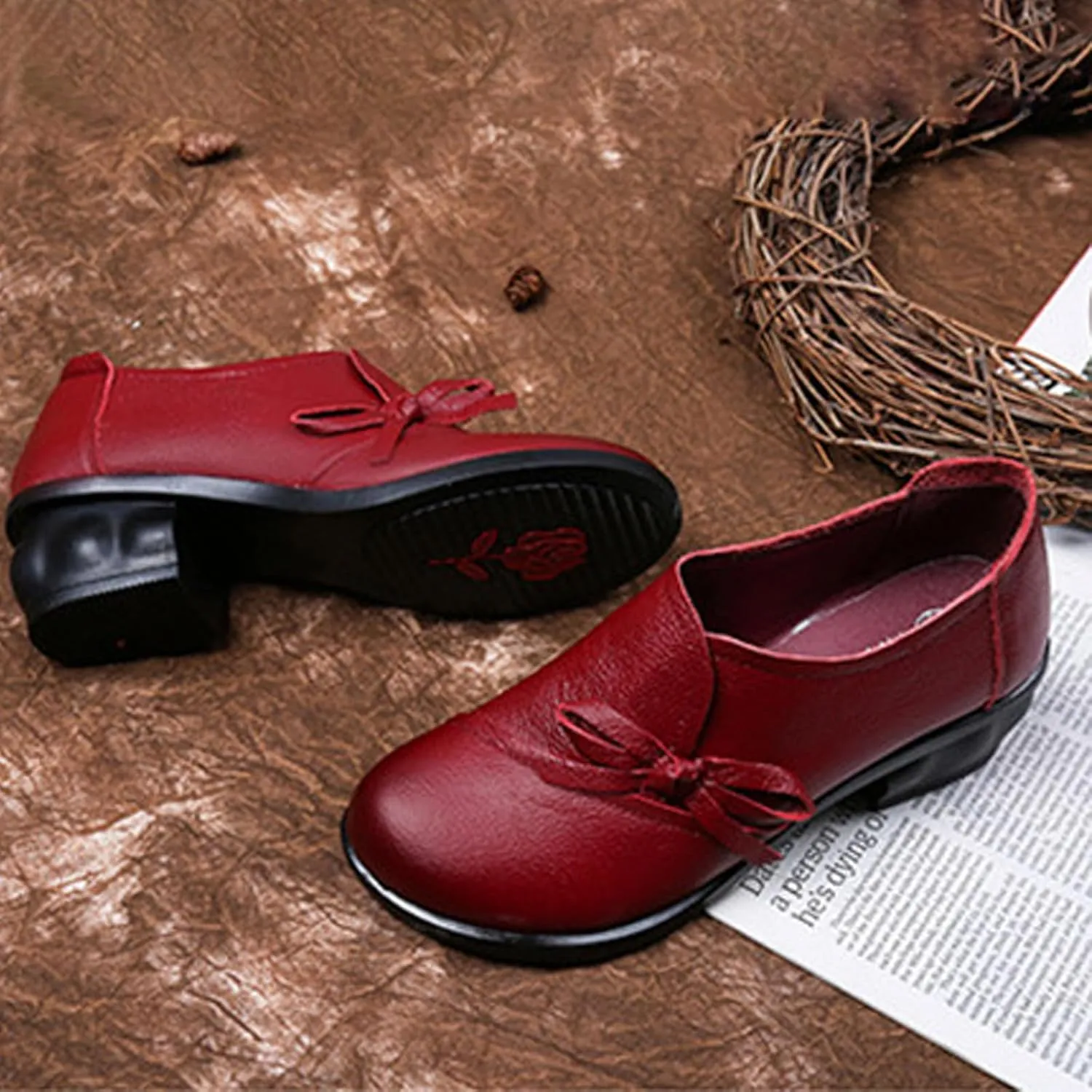 Women's Bow Tie Chunky Heel Leather Pumps,Comfortable SOFE Round Toe Slip-On Loafers Classic Mid Heel Casual Lightweight Walkin Work Office Dress Shoes