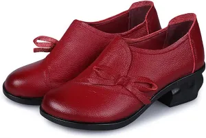 Women's Bow Tie Chunky Heel Leather Pumps,Comfortable SOFE Round Toe Slip-On Loafers Classic Mid Heel Casual Lightweight Walkin Work Office Dress Shoes